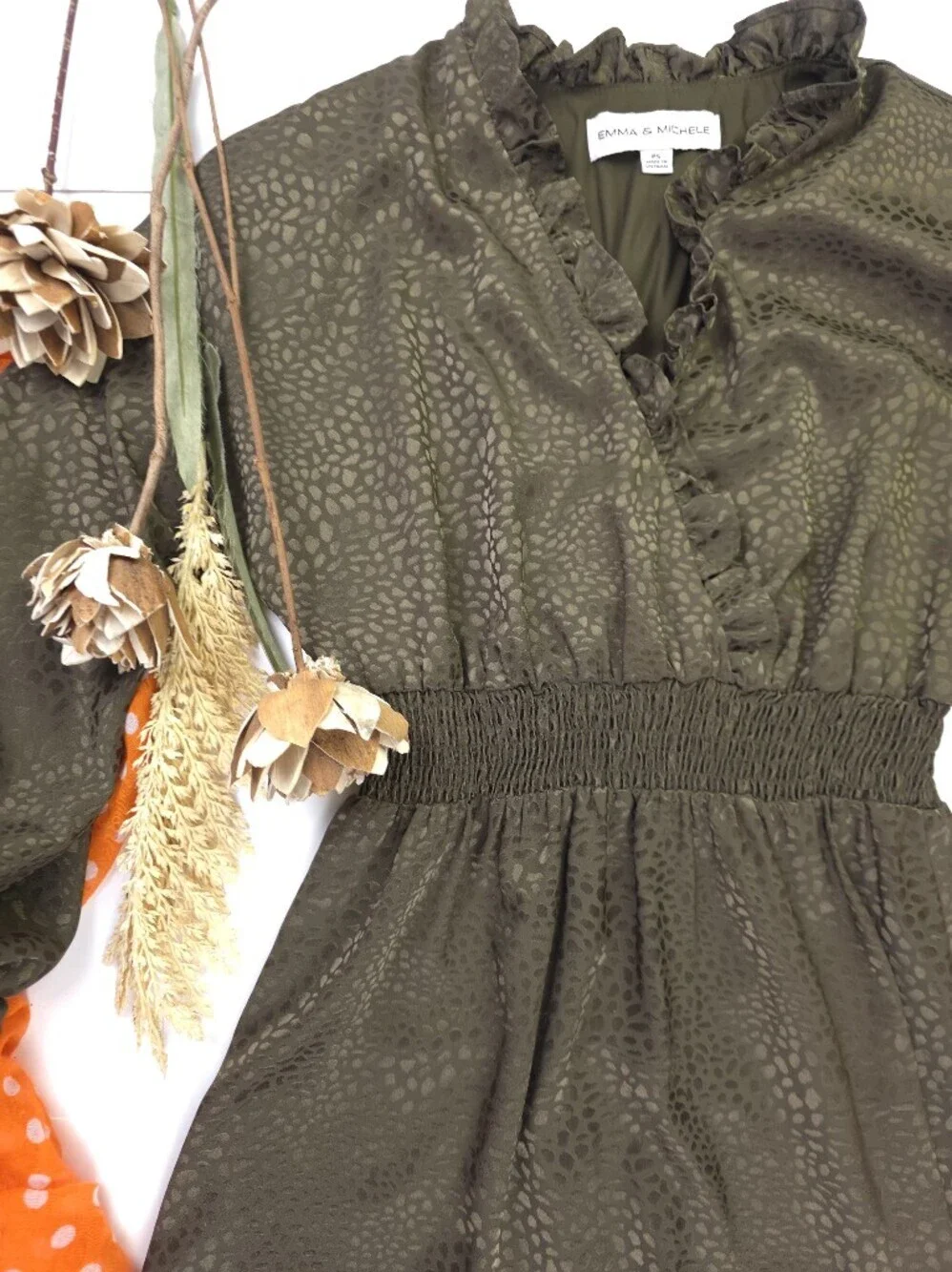 Emma & Michelle Olive Green Ruffled Waist Smocked Dress Sz PS - Picture 3 of 13